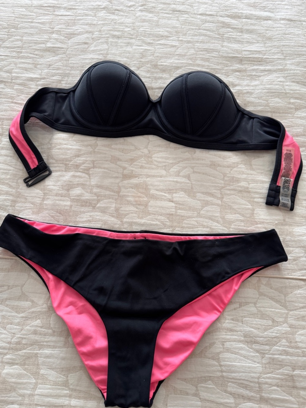 PINK Victoria's Secret Black and Hot Pink Strapless Bikini Set